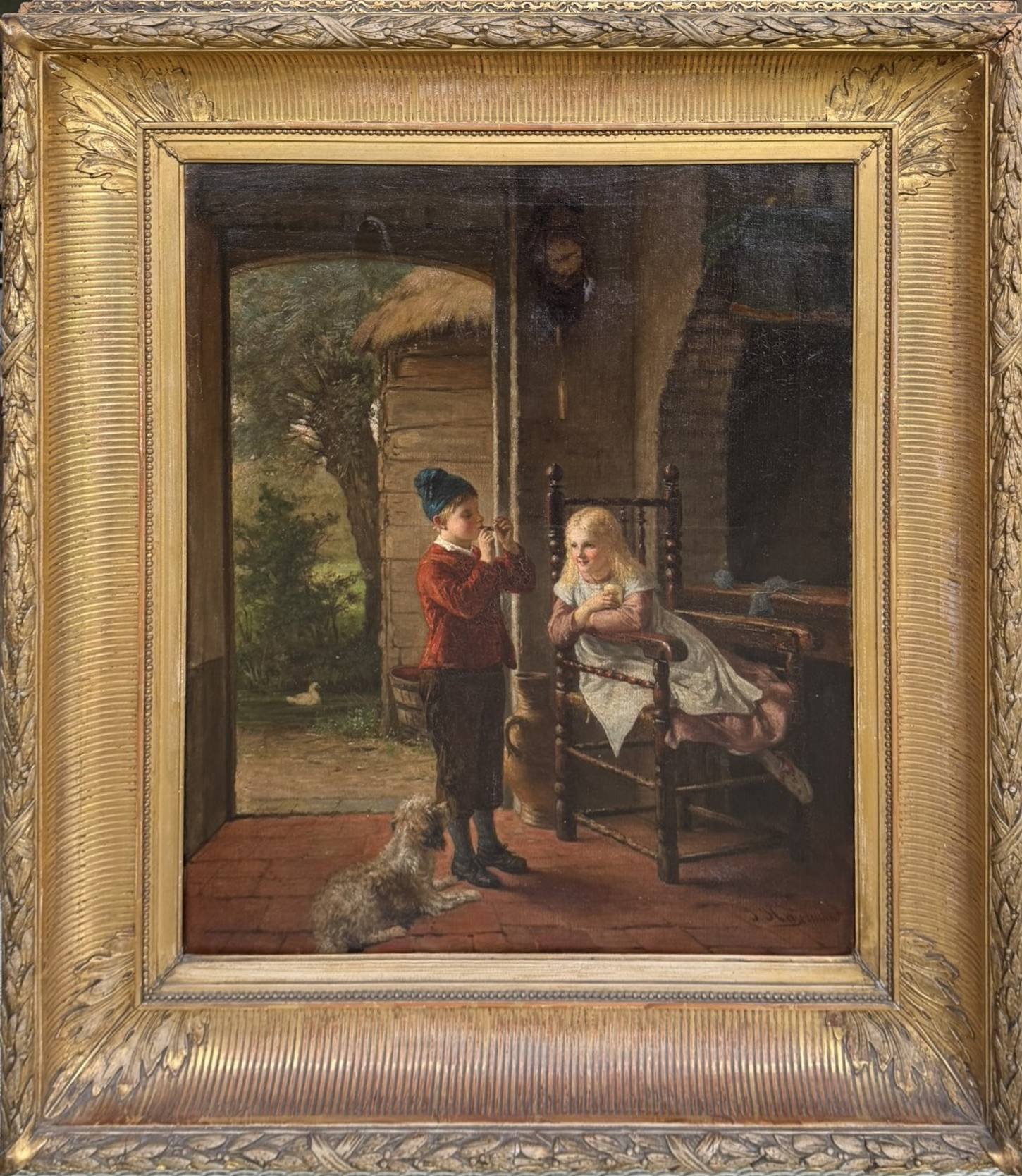 Antique 19th Century Oil Painting – Children in a Rustic Interior